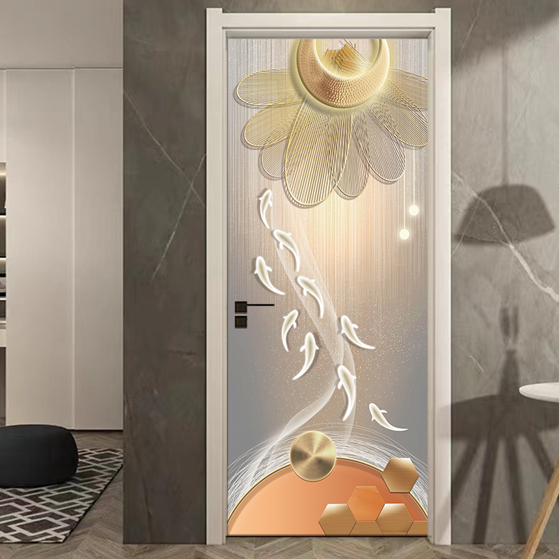 Door Sticker for Wooden Door Renovation, Self-Adhesive Full Sheet Cartoon Simple New Chinese Style, Covering Imperfections, Moisture-Proof Bedroom Door Decorative Film