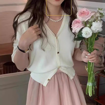 Black short-sleeved v-neck ice silk knitted cardigan for women in summer thin chic beautiful slimming waist t-shirt shoulder top