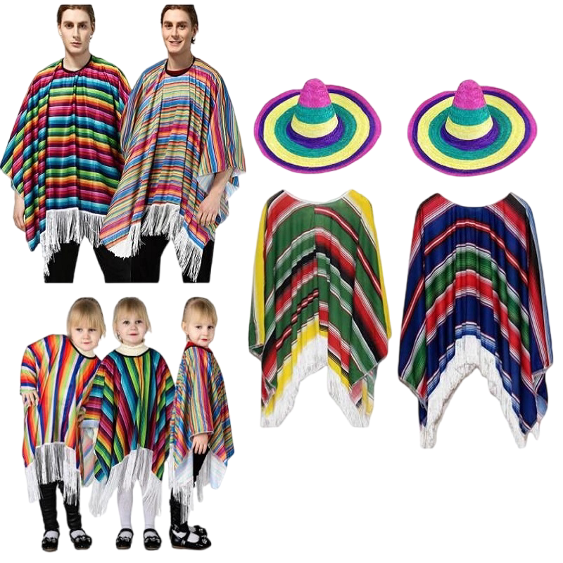 Adults and Children Family Matching Capes and Cloaks Mexican Performance Costumes Halloween Colorful Ethnic Style Hats