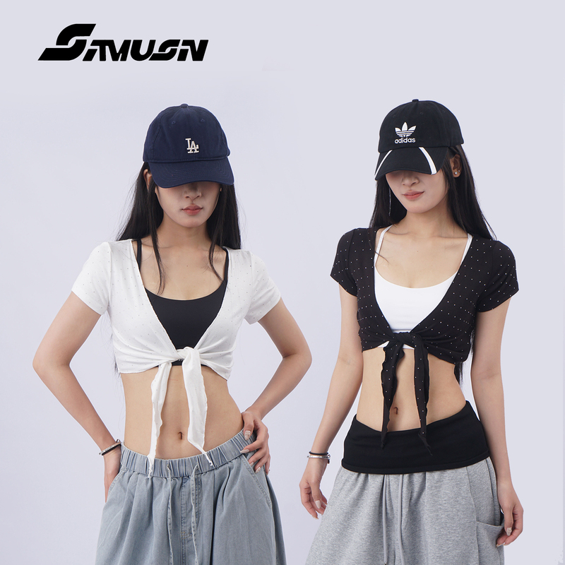 Sparkling Diamond V-Neck Tie-Up Crop Top Street Dance Trendy American Sexy Dance Short Crop Top Jazz Cover-Up