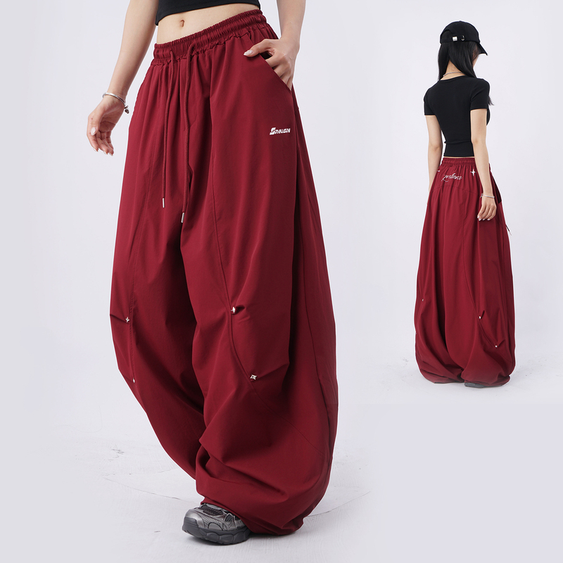 Trendy Red Quick-Dry Casual Pants for Women, Pleated Hip-Hop Style, Drawstring Loose Fit, Star Studded Wide-Leg Pants