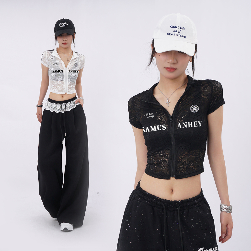 Black Lace Hollow-Out Paisley Short-Sleeve T-Shirt for Women, Slim-Fit, Cropped, Midriff-Baring, Edgy Biker Style with Stand Collar and Zipper Black Lace Hollow-Out Paisley Short-Sleeve T-Shirt for Women, Slim-Fit, Cropped, Midriff-Baring, Edgy Biker Style with Stand Collar and Zipper
