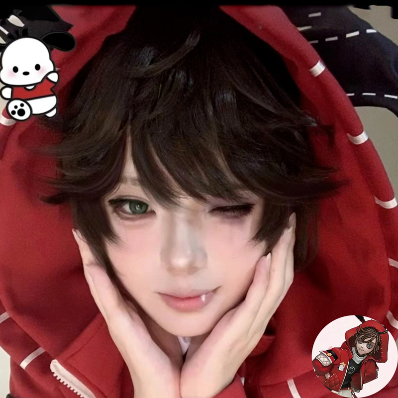 Wig for Cosplay of Luca from Sanrio, Half-Tied Dark Brown, Medium-Long Hair, Yandere Style, Halloween Long Bangs, Full Head