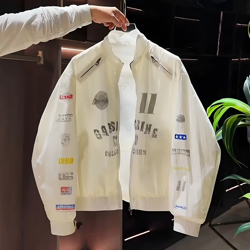 Spring and Summer American-Style Stand-Collar Sun-Protection Jacket, Trendy Brand Loose Letter-Print Biker Jacket, Casual Versatile Thin Coat