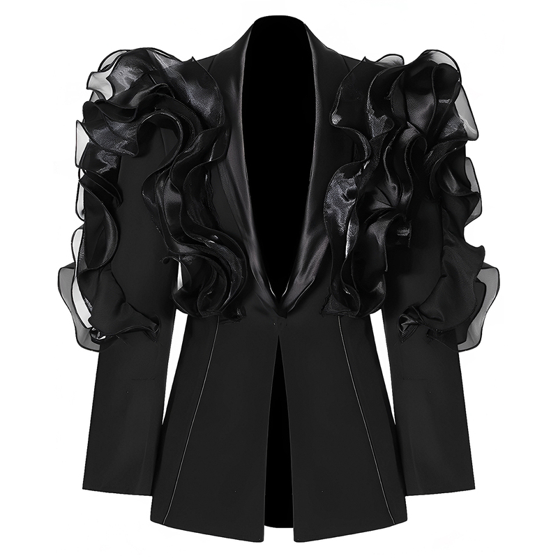 Missstudio High-End Exaggerated Ruffled Black Blazer with Shoulder Pads, Slim Fit, Slimming Suit Evening Dress