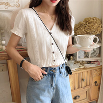 2024 new summer Korean style V-neck short slim fit belly button exposed cardigan top ice silk sweater short-sleeved T-shirt for women