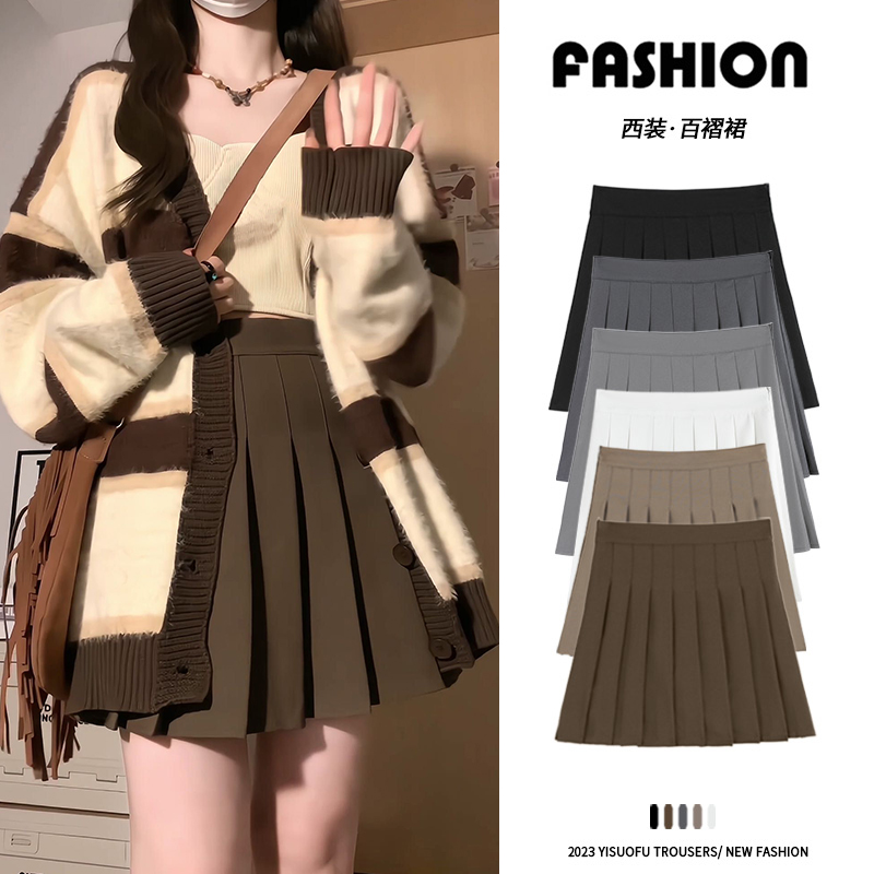 Card Its Color Pleats Skirt Woman Half Body Dress 2023 New Small Sub A Character Skirt Autumn Winter High Waist Display Slim Jk Short Skirt-Taobao