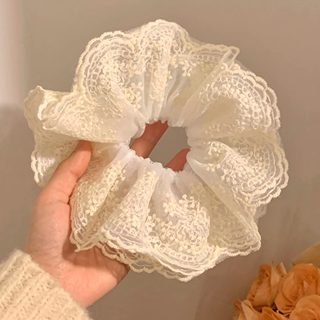 Watching Flowers in the Mist ~ Beige Lace Scrunchie for Women, High-End, Extra-Large Hair Tie for Bun Hairstyles, Hair Accessory