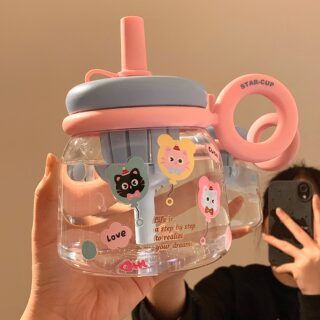 Cute Water Cup for Girls, High Appearance Value, Summer Student Large Capacity Cup with Straw, Large Belly Cup, Tea and Water Separation Plastic Cup