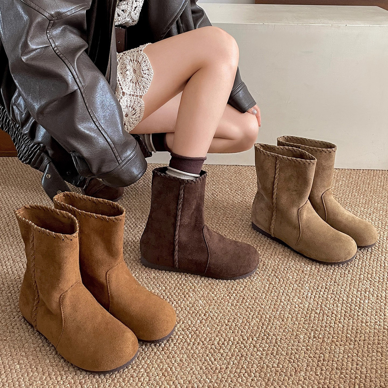 French Uamtor Retro Melard Brown Flat Boots for Women 2026 New Spring and Autumn Versatile Soft-Soled Birkenstock Short Boots