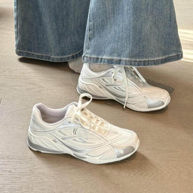 7cm Height-Increasing Retro German Training Shoes with Thick Soles, Breathable Mesh, Silver Dad Sneakers for Women, Suitable for Sports, Hiking, and Jogging