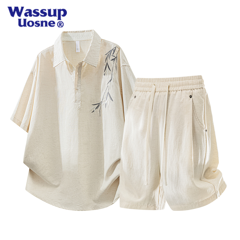 Wassup Uosne Men's Linen Casual Suit Summer New Chinese Style Short-Sleeved Shorts Loose Two-Piece Set