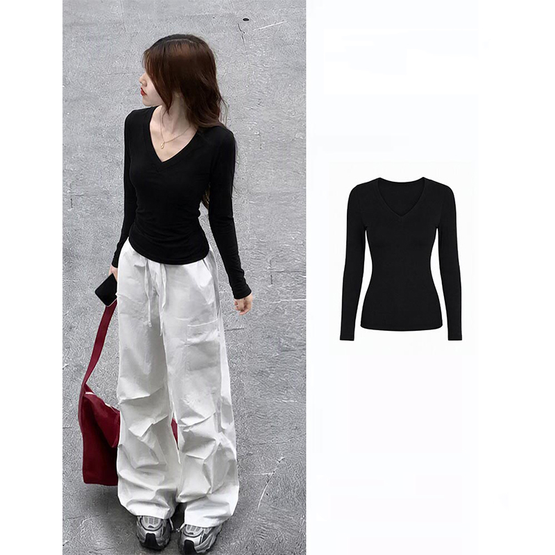 Black V-Neck Long-Sleeve T-Shirt for Women, 2026 Spring and Autumn New Style, Slim Fit, Flattering, Trendy, Regular Shoulder, Base Layer Top