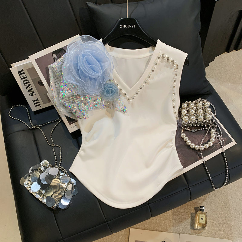 Zhouyi/周一 High-End Three-Dimensional Floral Beaded V-Neck Top for Women, Summer Sequined Waist-Cinching Elegant T-Shirt