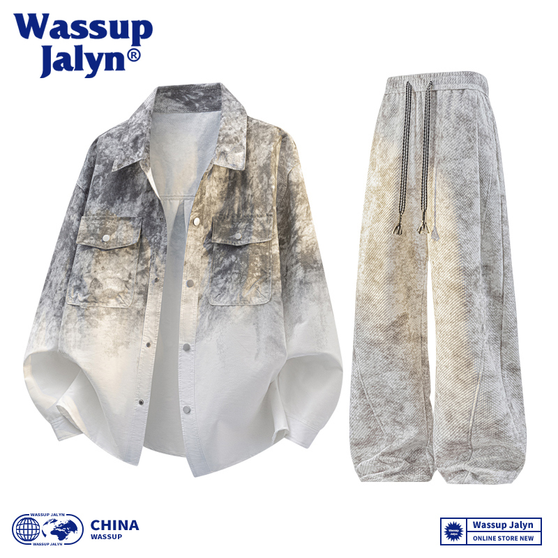 Wassup Jalyn Tie-Dye Shirt Gradient Jacket Men's 2026 Trendy Spring and Autumn Style Cool and Handsome Men's Clothing Set
