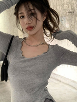 Long Sleeve T-shirts Women Fungus Line Irregular Hem Knitted