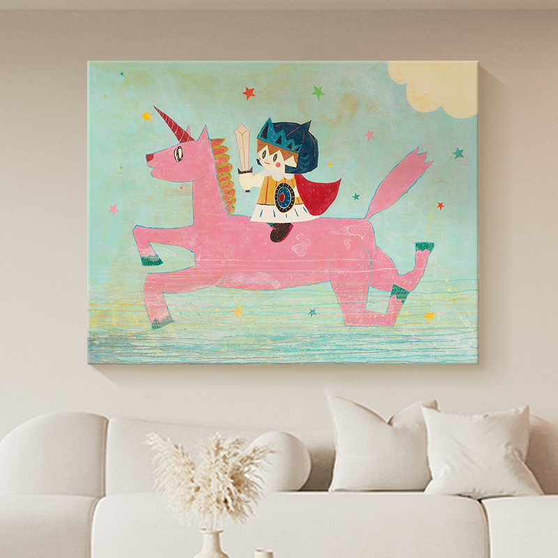 Cartoon Knight Pure Hand-Painted Oil Painting Pink Horse Unicorn Children's Room Decoration Painting Living Room Cream Style Hanging Painting