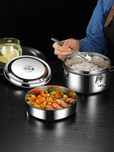 German Imported Steamed Lunch Box 304 Stainless Steel Round Compartment Student Double-Layer Rice Tank Lunch Box Office Worker Lunch Box