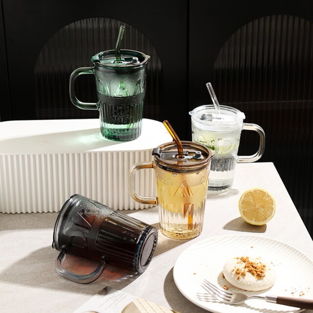 German Imported Glass Water Cup for Women with Lid and Straw, Coffee Cup for Home Use, Tea Cup for Office, European-Style Milk Cup