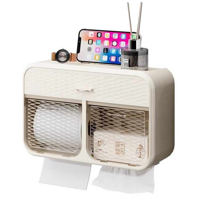 Japanese Toilet Paper Tissue Box Storage Rack, Wall-Mounted Waterproof Perforated Bathroom Paper Holder for Home Use