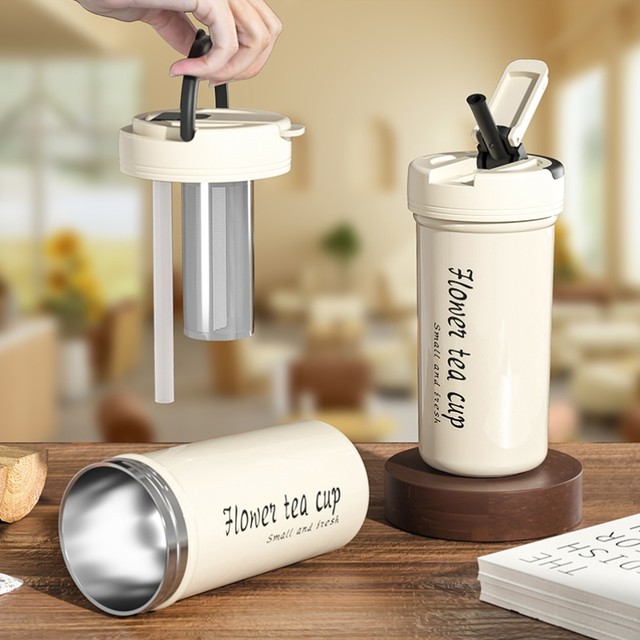 German Imported Straw Insulated Cup for Women, High Aesthetic Value, Tea and Water Separation Cup, 500ml, Men's Tea Brewing Cup, Student Use