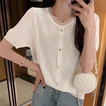 European round neck single-breasted solid color ice linen sweater short-sleeved T-shirt womens 2024 summer new cardigan top
