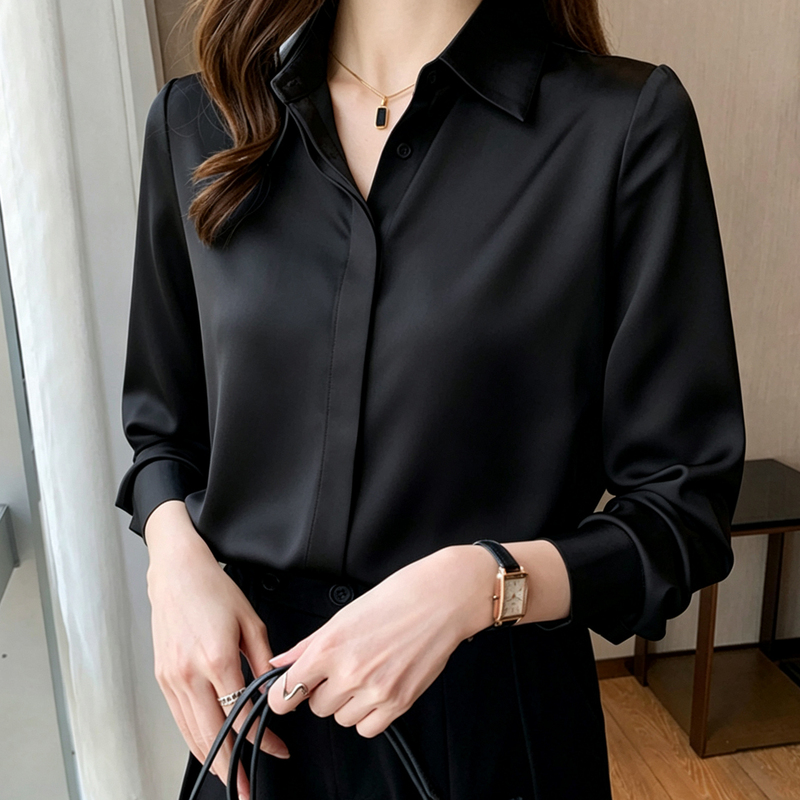 2026 New Commuter Style Black Satin Shirt for Women, Long-Sleeved Polo Collar Professional Wear, Drapey and Elegant Top for Autumn 2026 New Commuter Style Black Satin Shirt for Women, Long-Sleeved Polo Collar Professional Wear, Drapey and Elegant Top for Autumn