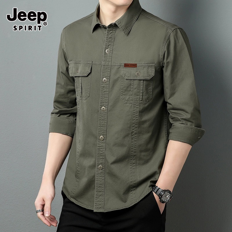 Jeep Pure Cotton Long-Sleeved Shirt Men's Spring and Autum Lapel Casual Shirt Summer Thin Workwear Jacket for Men