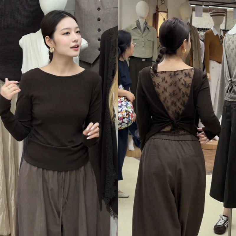 2026 Early Autumn New Korean-Style Design Lace Back Cutout Long-Sleeve T-Shirt for Women, Slim Fit Floral Top