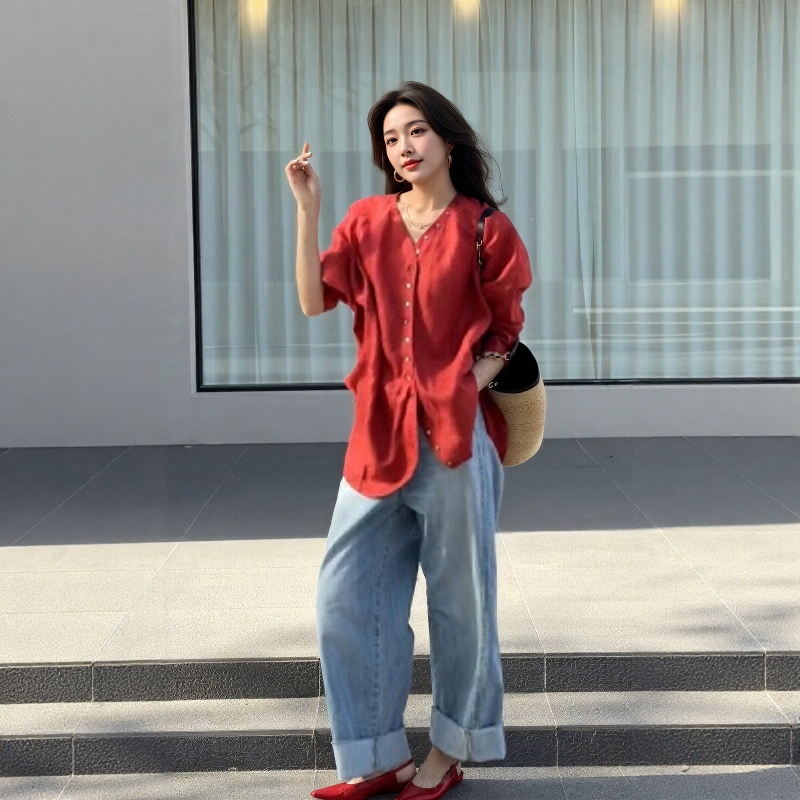 Lazy Style Red Long-Sleeved Shirt for Women 2026 Spring and Summer Style Loose-Fitting, Age-Reducing, Slimming, Belly-Covering Button-Up Cardigan Top
