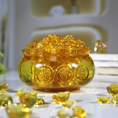 黄水晶玻璃聚宝盆摆件开业乔迁礼品元宝家用客厅装饰品聚财进宝