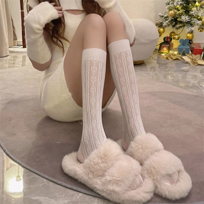 Japanese white lace socks women's thin mid-tube socks ins trendy hollow love jacquard calf socks stockings students