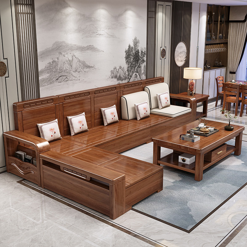 Walnut solid wood sofa combination Chinese style winter and summer dual-use storage carved economical small-sized fabric living room furniture