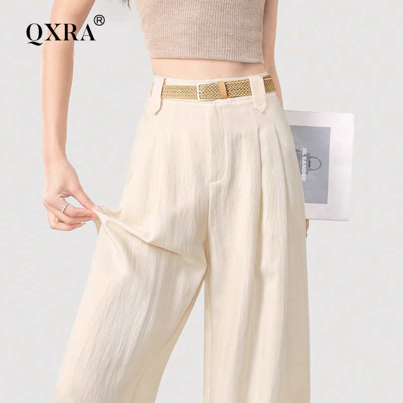 QXRA白色天丝亚麻阔腿裤女夏2025新款高腰垂感宽松休闲棉麻直筒裤