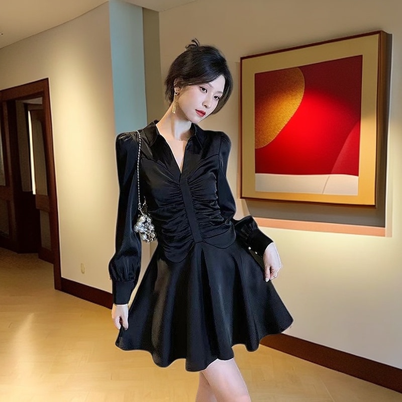 French Hepburn Style Elegant Satin Pleated Waist-Cinching Shirt Dress 2026 Spring and Autumn Fashion Age-Reducing Long-Sleeved Short Dress French Hepburn Style Elegant Satin Pleated Waist-Cinching Shirt Dress 2026 Spring and Autumn Fashion Age-Reducing Long-Sleeved Short Dress