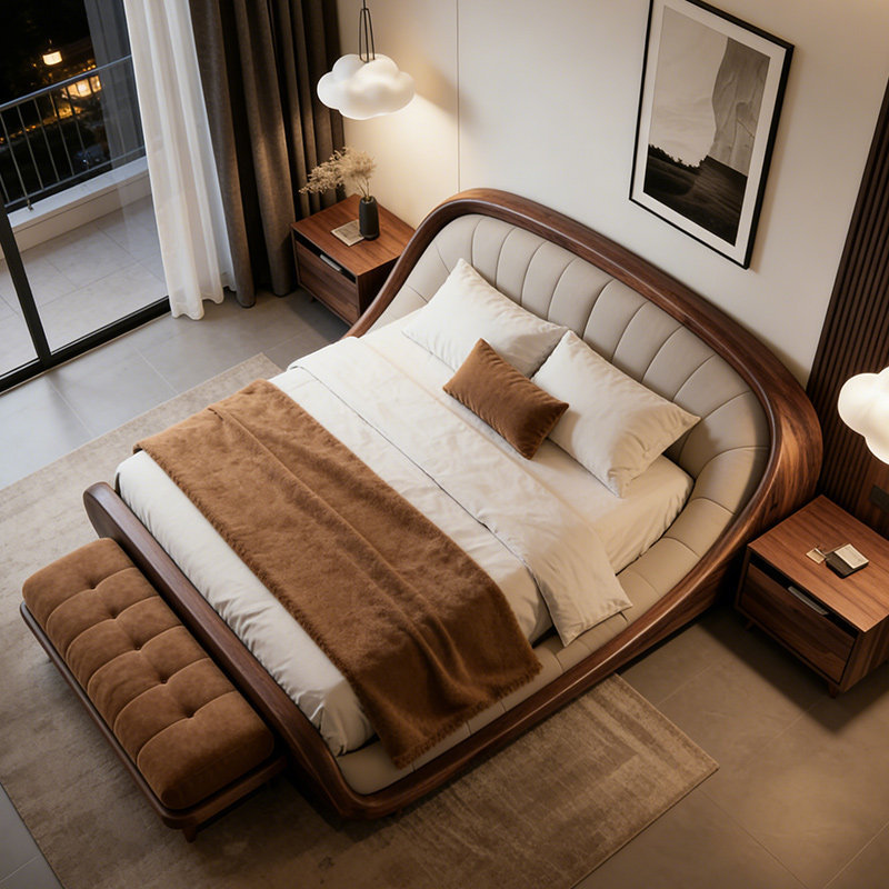 New Chinese-Style North American Black Walnut Double Bed 1.8m Wedding Bed Master Bedroom Solid Wood Large Bed with Soft Backrest High-End Villa New Chinese-Style North American Black Walnut Double Bed 1.8m Wedding Bed Master Bedroom Solid Wood Large Bed with Soft Backrest High-End Villa