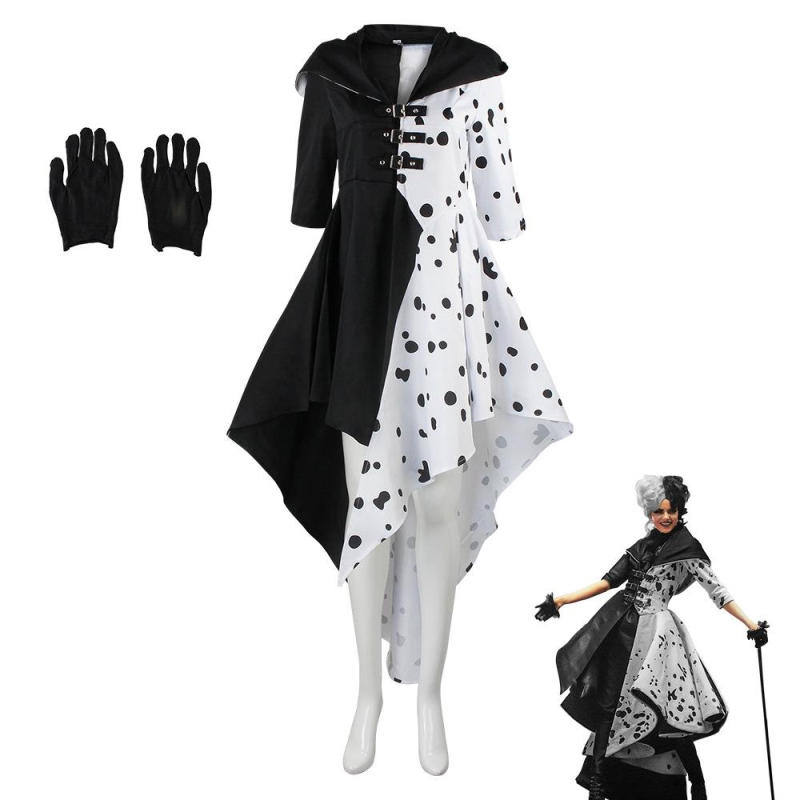 Halloween 101 Dalmatians Cosplay Dress Black and White Witch Cruella De Vil Spotted Costume Performance Outfit Halloween 101 Dalmatians Cosplay Dress Black and White Witch Cruella De Vil Spotted Costume Performance Outfit