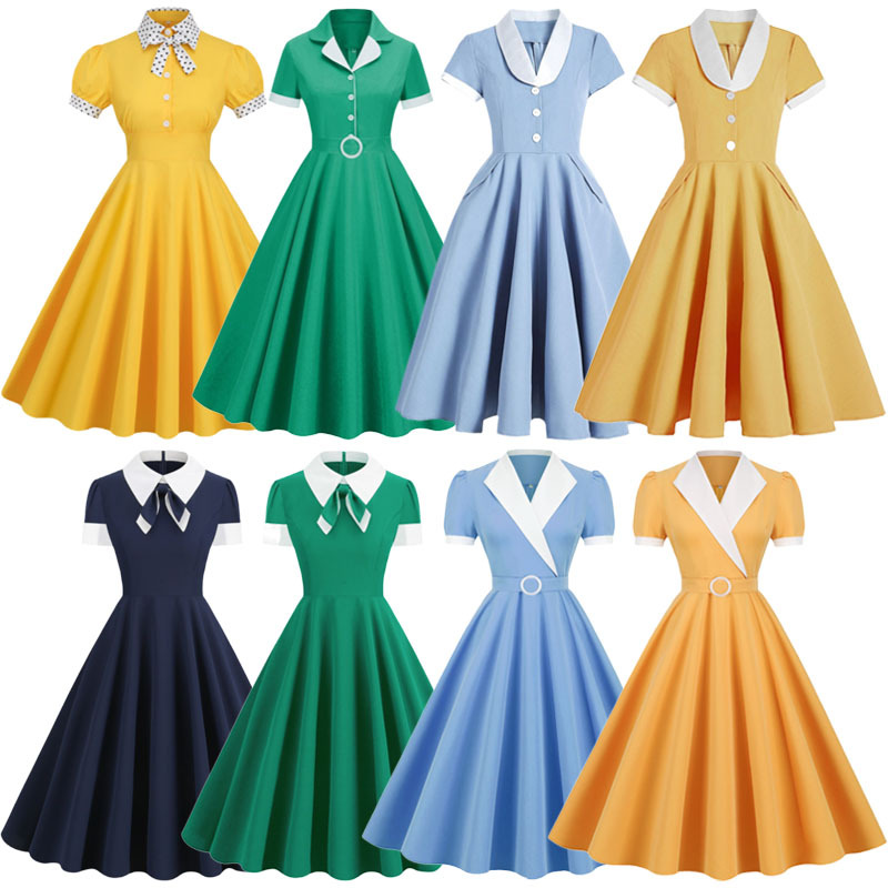 80S Hong Kong Style Retro Short-Sleeved Polo Dress with a Waist-Cinching, Mid-Length, Flared Dance Dress for Girls, Suitable for Tea Breaks