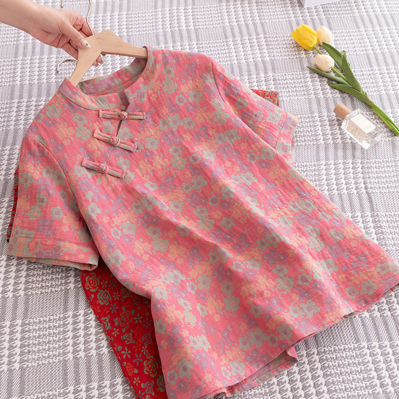 New Chinese-Style National Style Diagonal Collar Buttoned Women's Top Pajamas, Pure Cotton Double-Layer Cotton Gauze Short-Sleeved Summer Loose-Fitting Home Wear New Chinese-Style National Style Diagonal Collar Buttoned Women's Top Pajamas, Pure Cotton Double-Layer Cotton Gauze Short-Sleeved Summer Loose-Fitting Home Wear