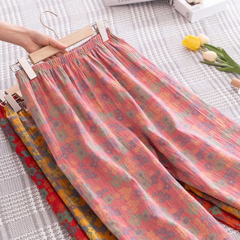 Pure Cotton Double-Layer Gauze Sleep Pants for Women, Ethnic Style, Summer Thin Loose Mosquito-Proof Pants, Can Be Worn Outside as Wide-Leg Home Pants