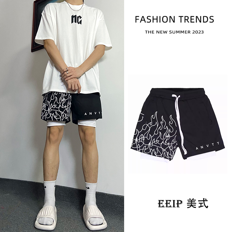 Flame American-Style Shorts for Men, Running Sports Quick-Dry Faux Two-Piece Basketball Shorts, Trendy Retro Training Breathable Quarter-Length Shorts
