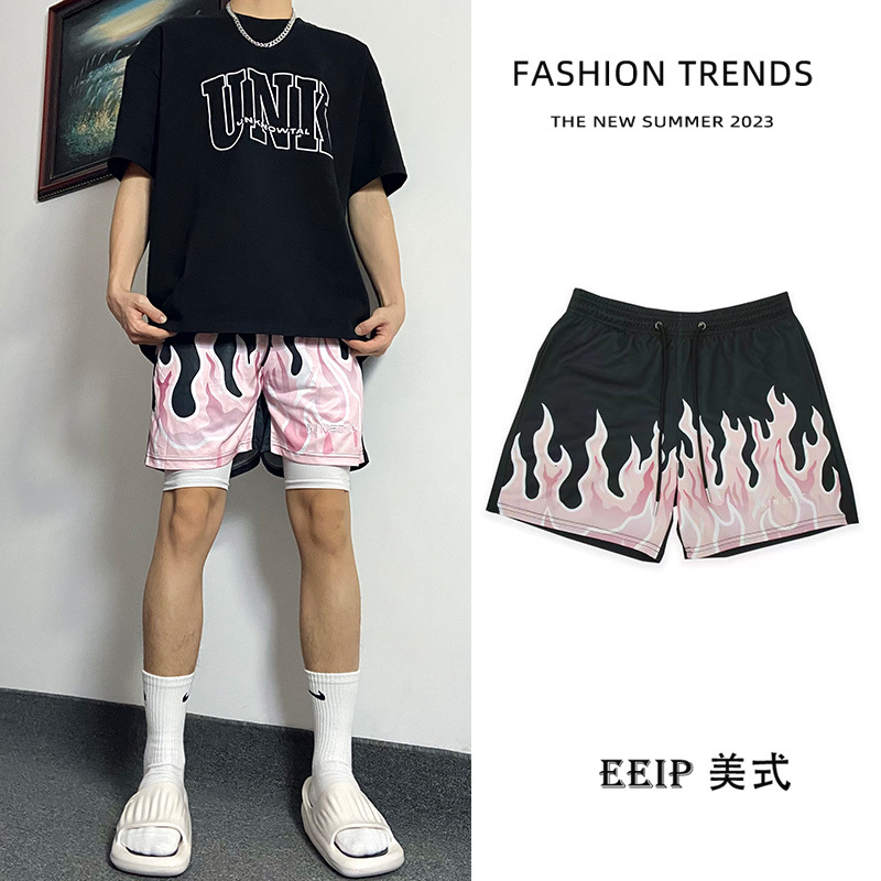 Black Flame American-Style Shorts, Loose and Casual, Knee-Length, Men's Sports Quick-Dry Fake Two-Piece Basketball Shorts for Summer
