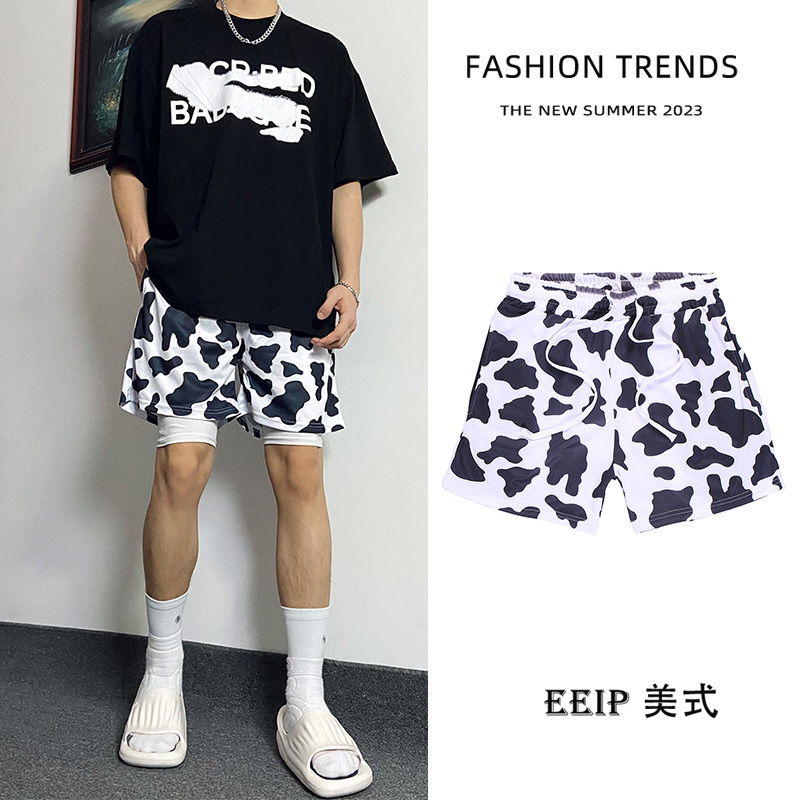 Fake Two-Piece Cow Print American-Style Shorts for Men, Sports Training Quick-Dry Breathable Basketball Shorts, Summer Trendy Brand Quarter-Length Pants