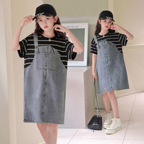 Girls Summer Dress New Fake Two Piece Striped Splicing Denim Skirt Fashionable Western Style One Shoulder Skirt for Big Kids