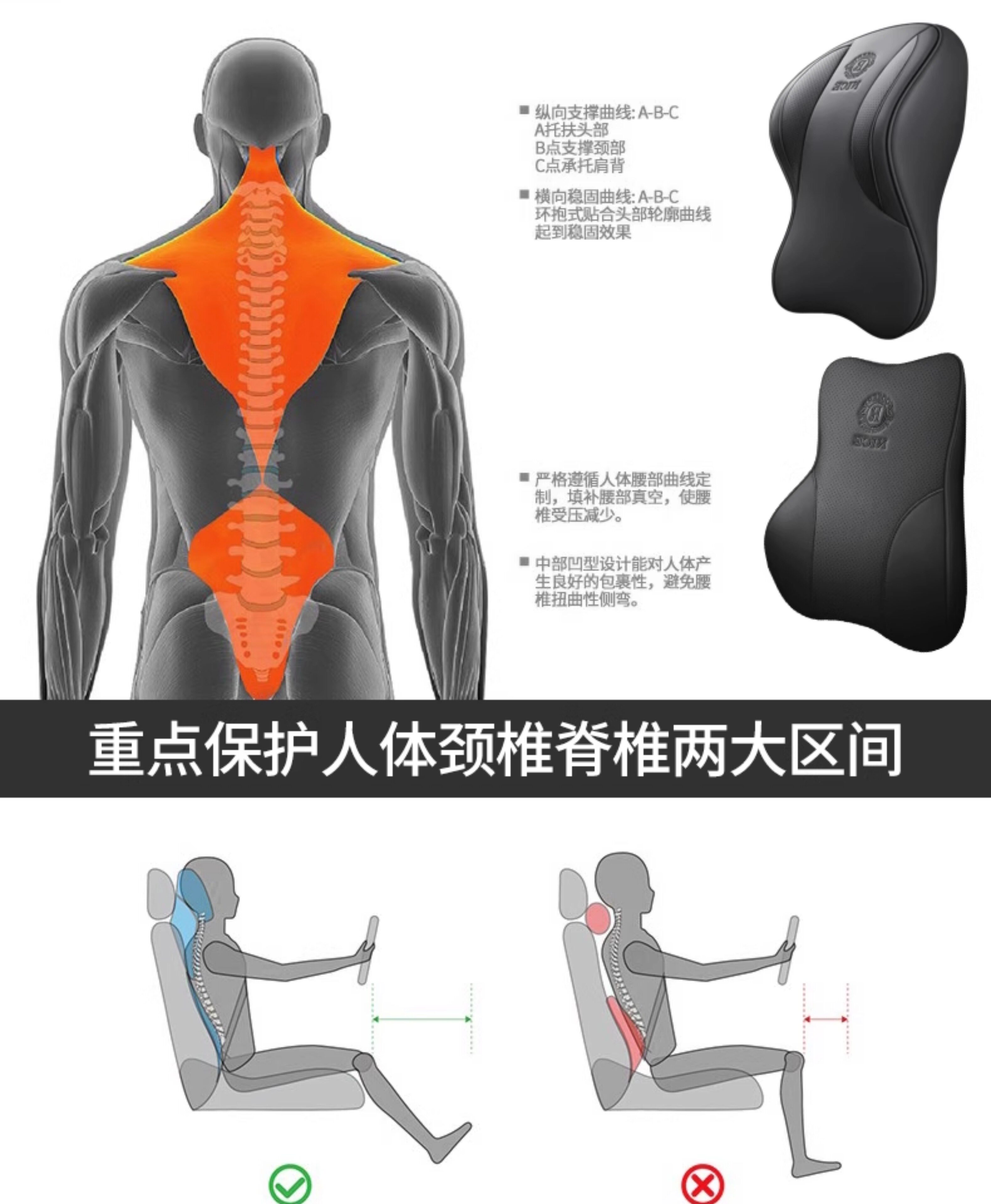 Cross-Border Car Headrest and Lumbar Support, Genuine Leather High-End Car Cushion, Car Headrest, Memory Foam, Aviation Grade Car Neck Pillow