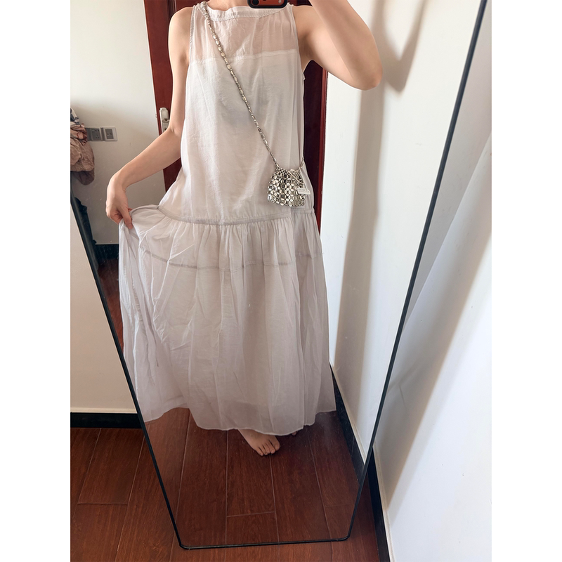 Spring and Summer Lazy French-Style Sleeveless Dress in Gray and Pink with Translucent Cotton-Linen Feel and Pleated Waist Long Dress Spring and Summer Lazy French-Style Sleeveless Dress in Gray and Pink with Translucent Cotton-Linen Feel and Pleated Waist Long Dress