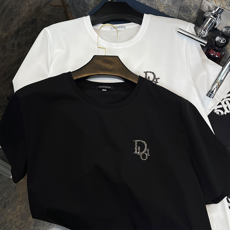 European High-End Round-Neck Men's Short-Sleeve T-Shirt with Letter Rhinestones, New Summer Style, Simple and Fashionable Mercerized Cotton Half-Sleeve Shirt European High-End Round-Neck Men's Short-Sleeve T-Shirt with Letter Rhinestones, New Summer Style, Simple and Fashionable Mercerized Cotton Half-Sleeve Shirt