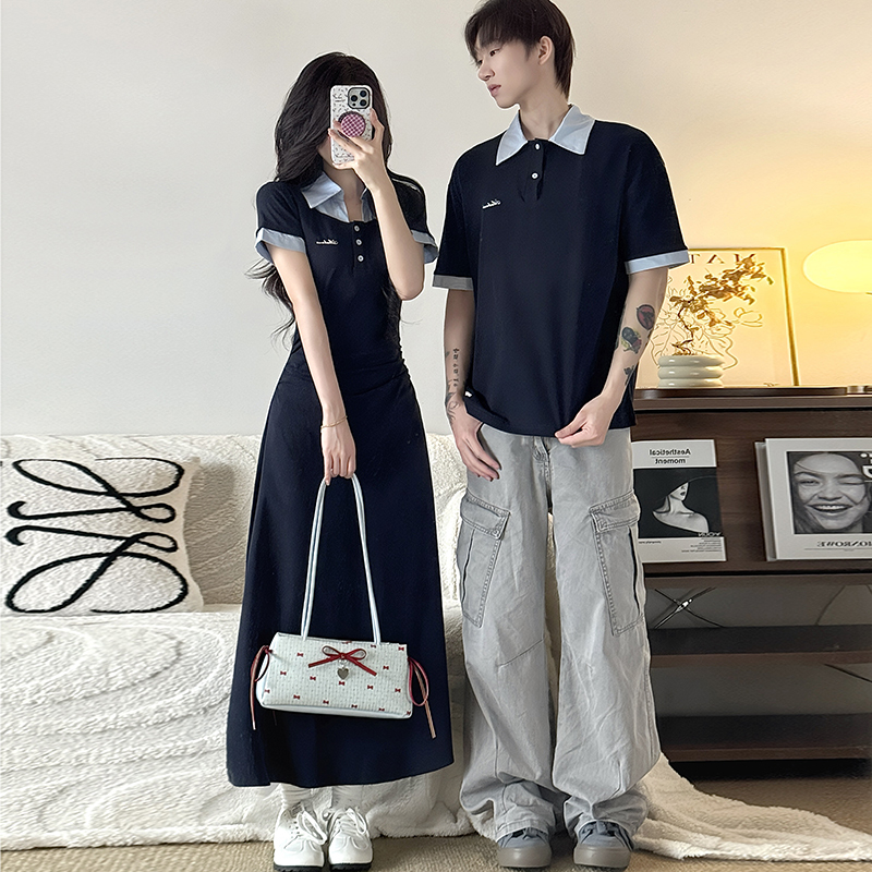 Couple's Matching Outfit: One Skirt and One Top, French Academy Style, Faux Two-Piece Short-Sleeve Dress with a Slimming Waist Design, Long Dress