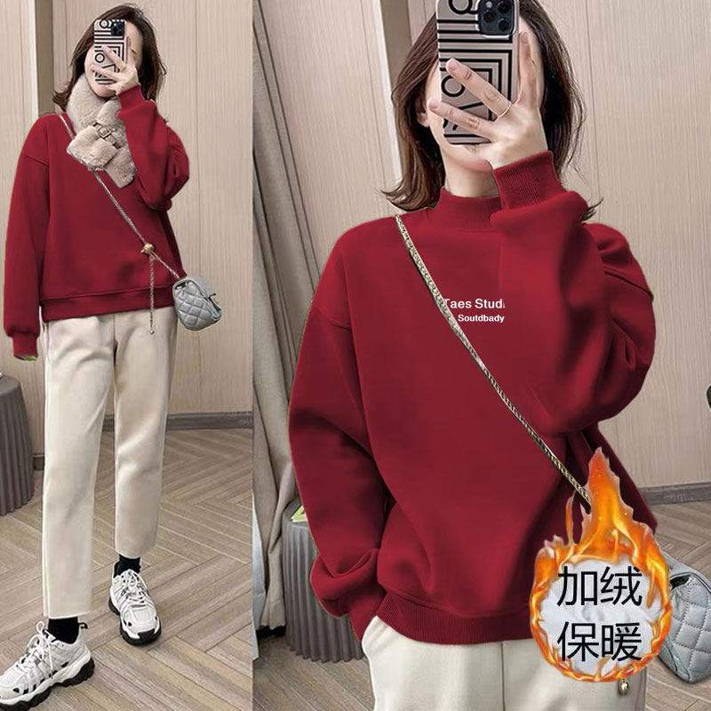 女性用ハーフタートルネックスウェットシャツ 2025年新作 ゆったりカジュアルファッション オールマッチプルオーバートップ ベルベット厚手 秋冬トレンド