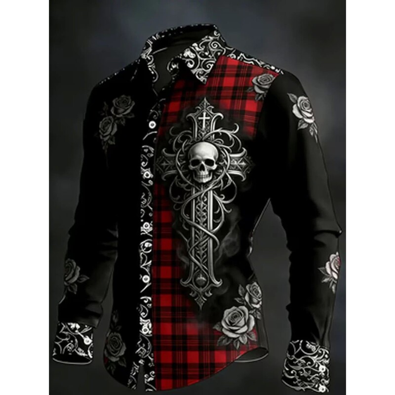 Splicing Skull Print Long Sleeved Shirt